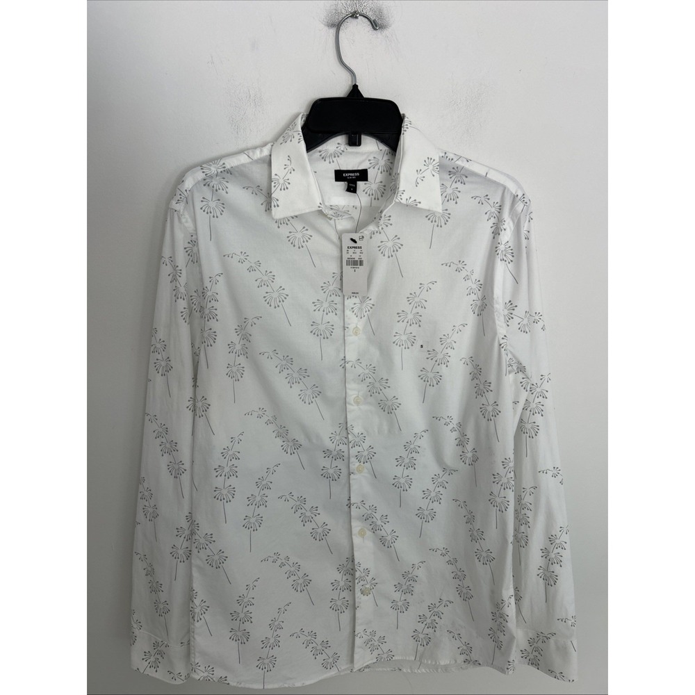 Express Slim 1MX Men's NWT Long Sleeve White Minimalist Sage Green Print Shirt